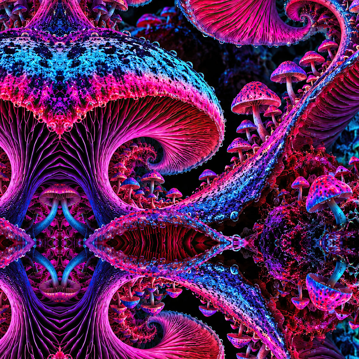 Chromatic Sporebloom Magenta Terrain all-over print oversized tee fabric close-up