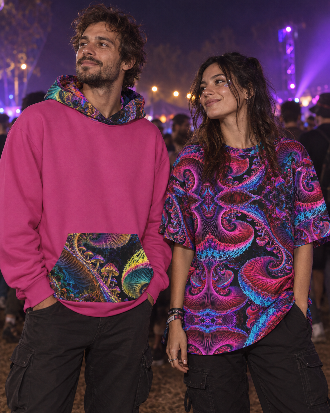 Chromatic Sporebloom Magenta Terrain, oversized tee worn at a night event (AI lifestyle visualization)
