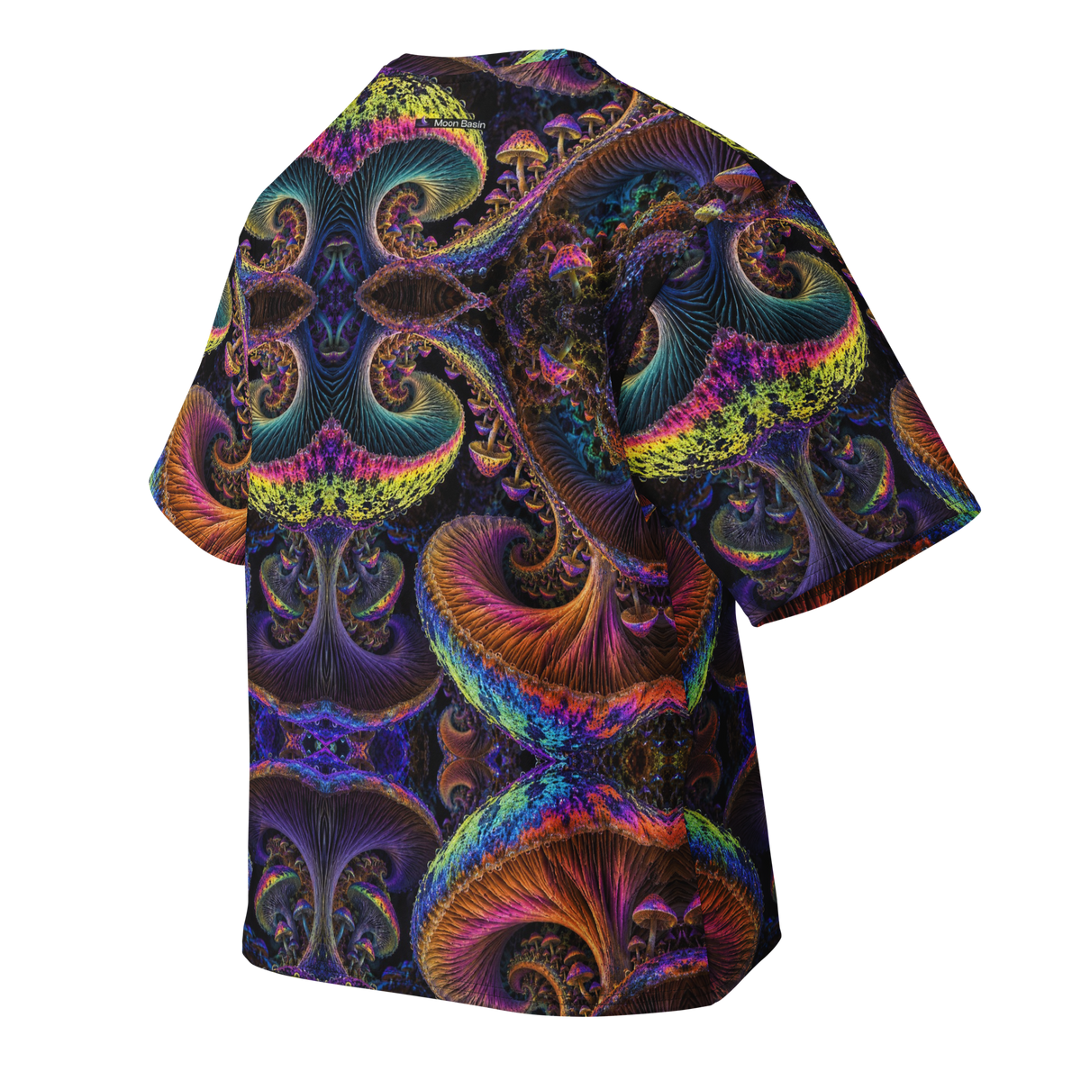 Chromatic Sporebloom Terrain all-over print oversized tee, back with Moon Basin nape mark