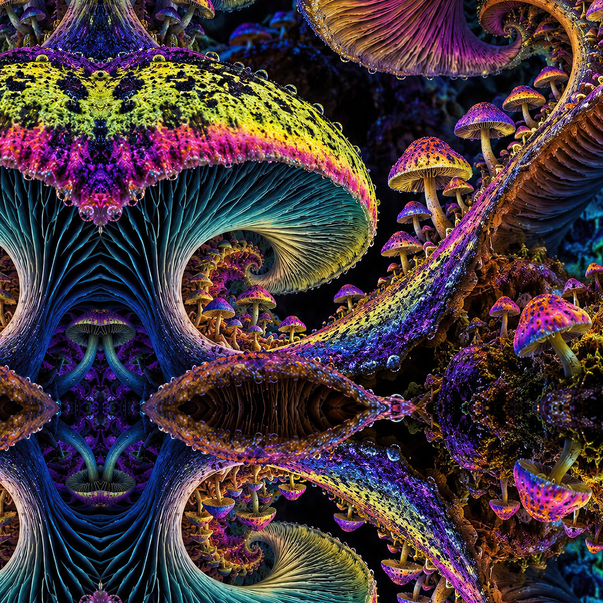 Chromatic Sporebloom Terrain all-over print oversized tee fabric close-up