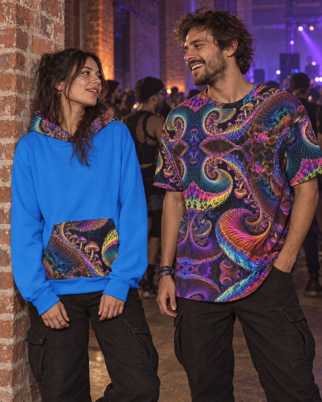 Chromatic Sporebloom Terrain Hoodie, oversized hoodie worn at a night event (AI lifestyle visualization)