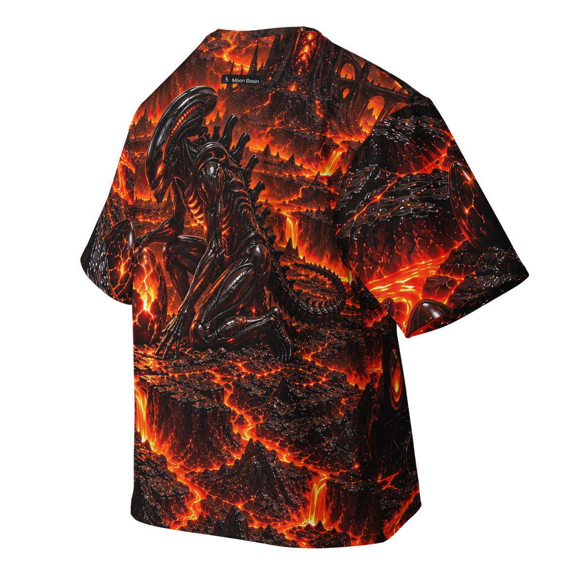 Cinder Throne Dominion all-over print oversized tee, back with Moon Basin nape mark
