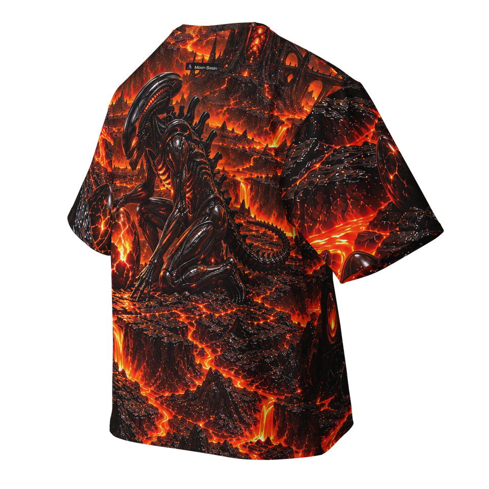 Cinder Throne Dominion all-over print oversized tee, back with Moon Basin nape mark