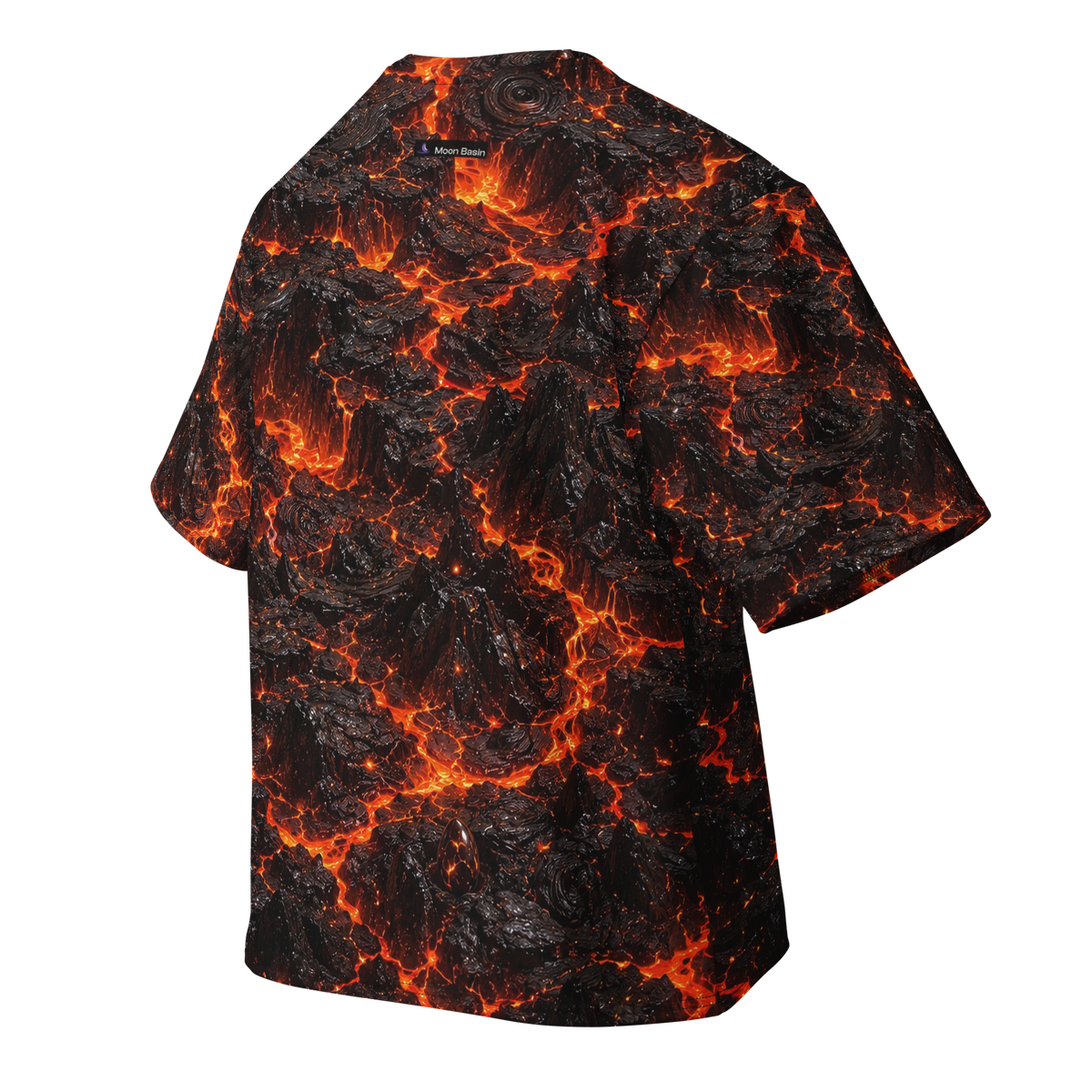 Cinder Throne Dominion Terrain all-over print oversized tee, back with Moon Basin nape mark