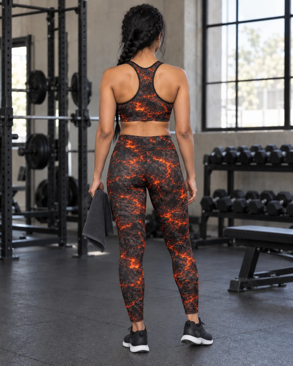 Cinder Throne Terrain Sports Bra, modeled outfit, rear view, matching outfit with Cinder Throne Terrain Leggings