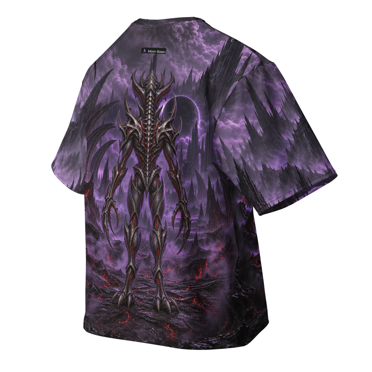 Crimson Marrow Tyrant all-over print oversized tee, back with Moon Basin nape mark