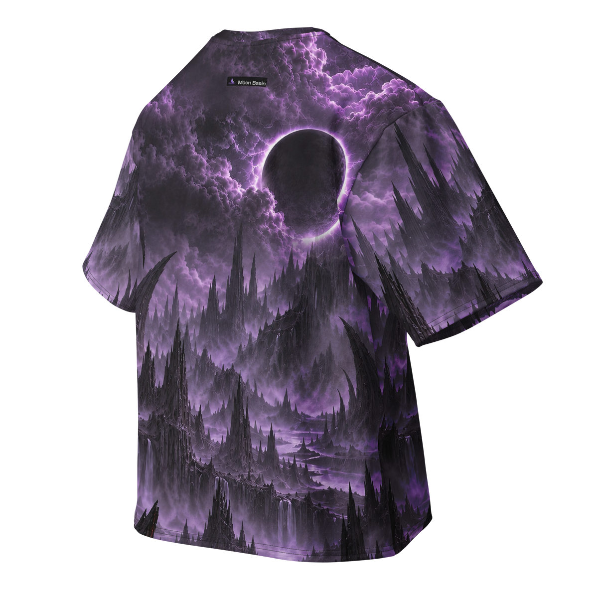Crimson Marrow Tyrant Terrain all-over print oversized tee, back with Moon Basin nape mark
