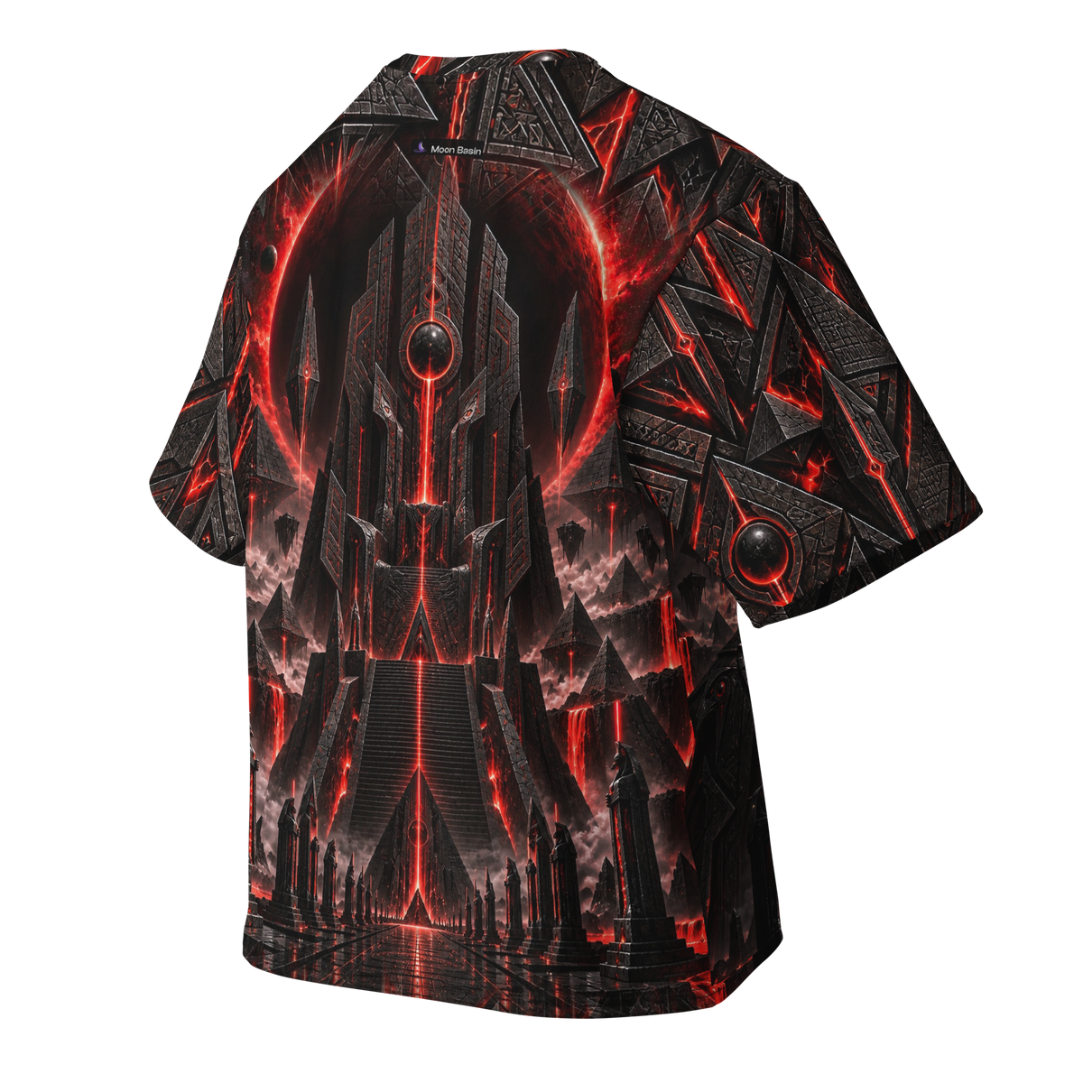 Crimson Pharaoh all-over print oversized tee, back with Moon Basin nape mark