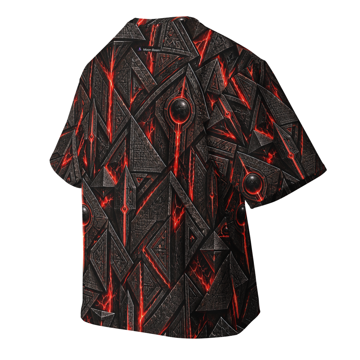 Crimson Pharaoh Terrain all-over print oversized tee, back with Moon Basin nape mark