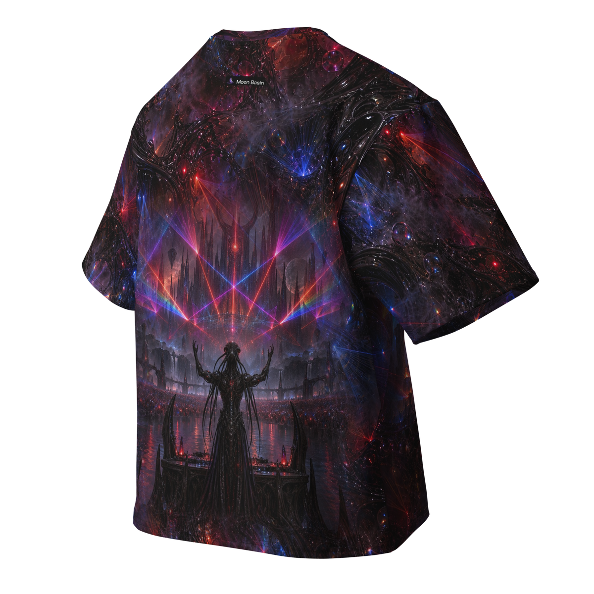 Crimson Resonance all-over print oversized tee, back with Moon Basin nape mark