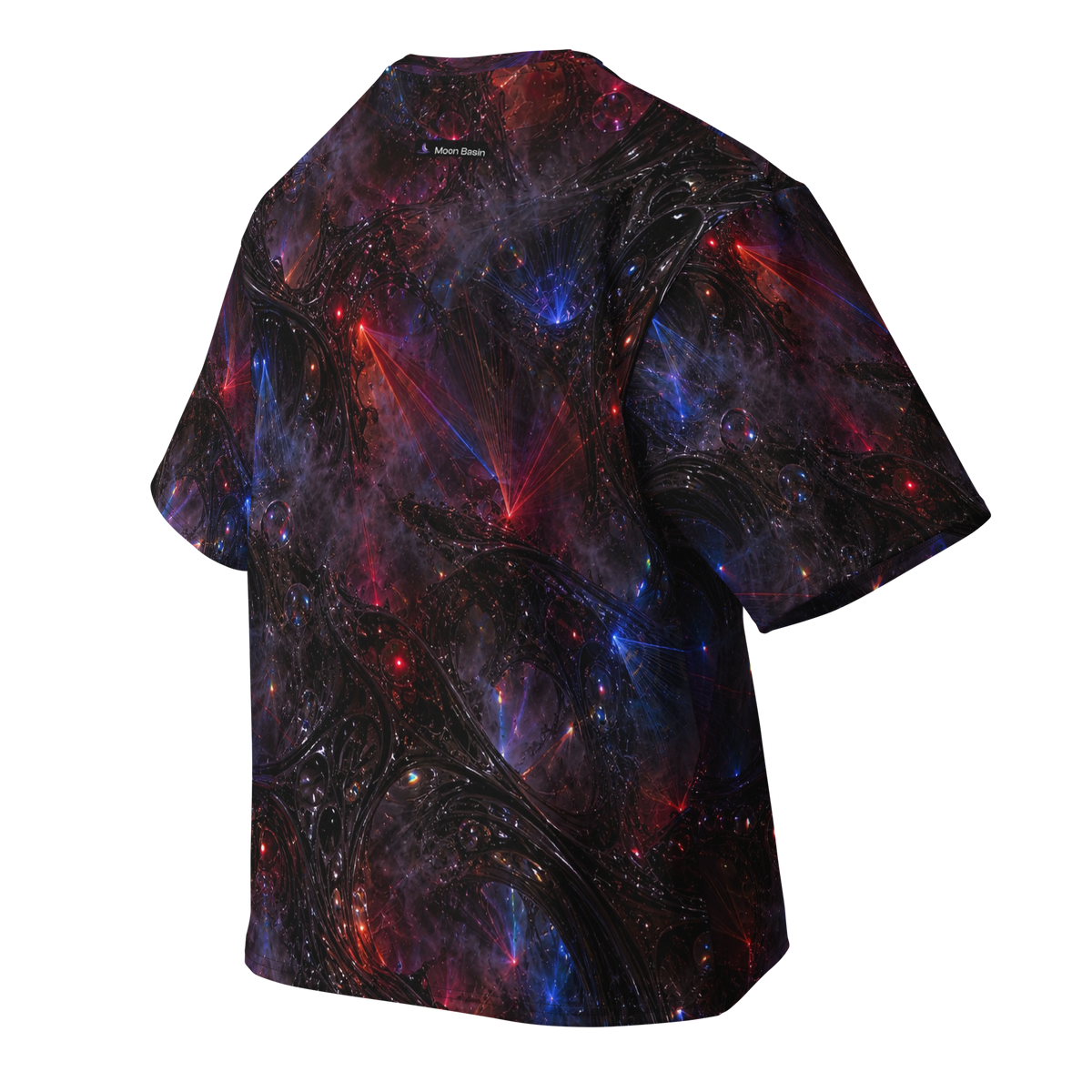 Crimson Resonance Terrain all-over print oversized tee, back with Moon Basin nape mark