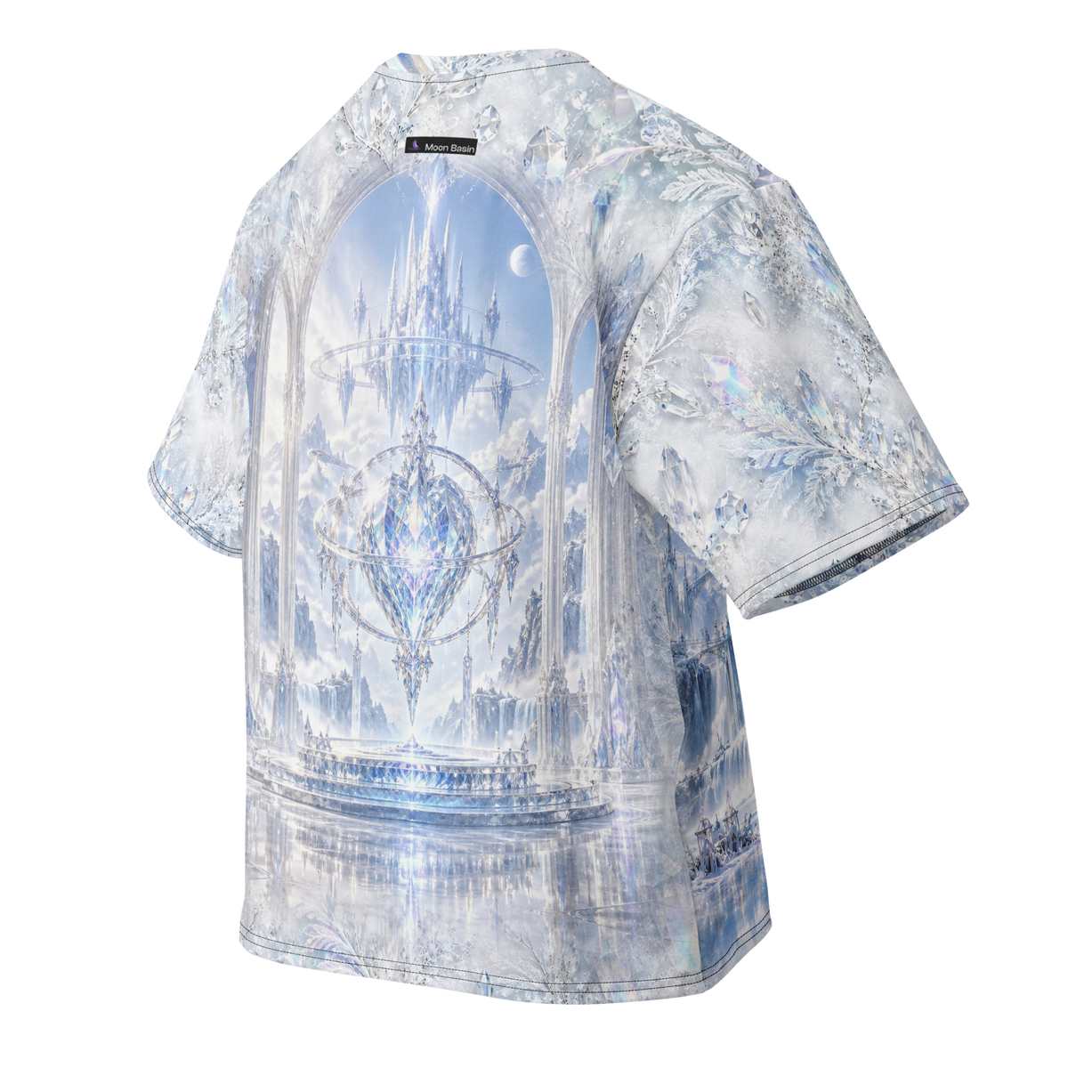Crystal Ice Palace all-over print oversized tee, back with Moon Basin nape mark