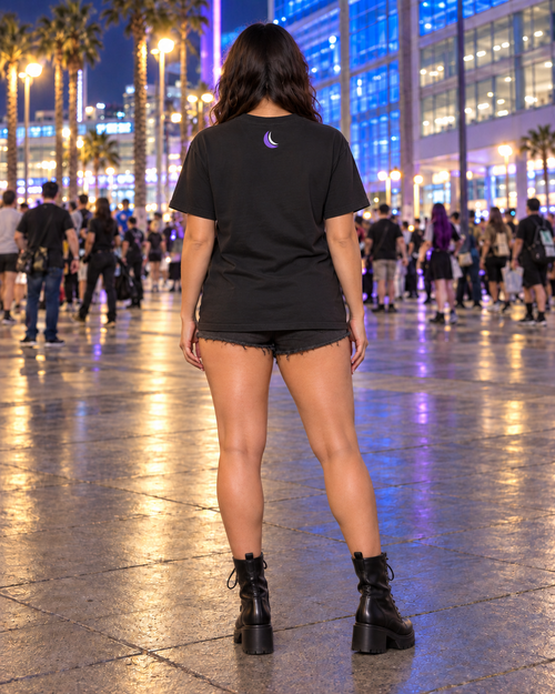 Domino Dragon Graphic Tee in Black, worn on model, back