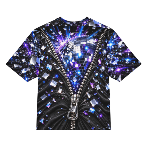 Disco Explosion all over print oversized tee, back view, Moon Basin mark at the nape