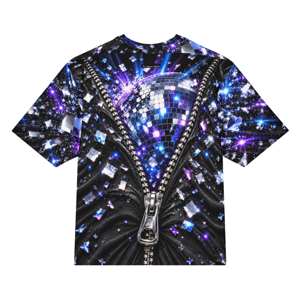 Disco Explosion all over print oversized tee, back view, Moon Basin mark at the nape