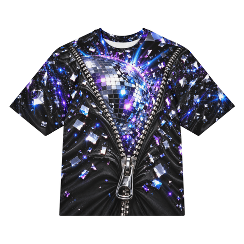 Disco Explosion all over print oversized tee, front view