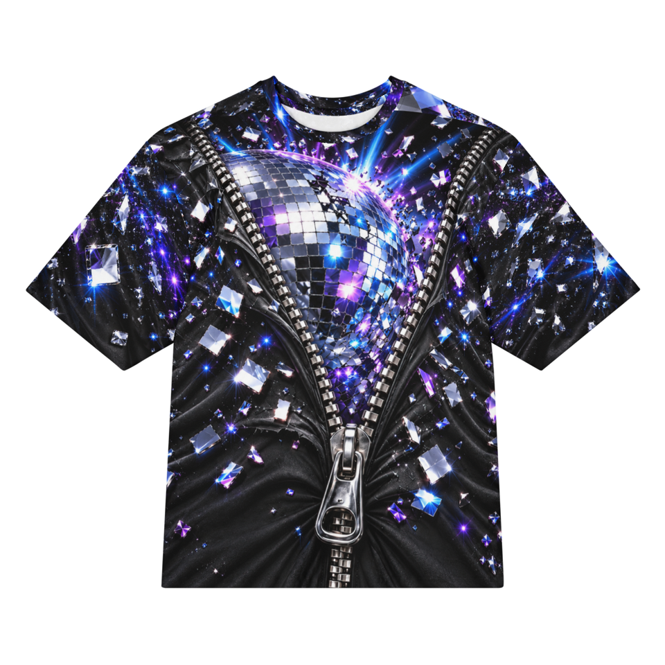 Disco Explosion all over print oversized tee, front view
