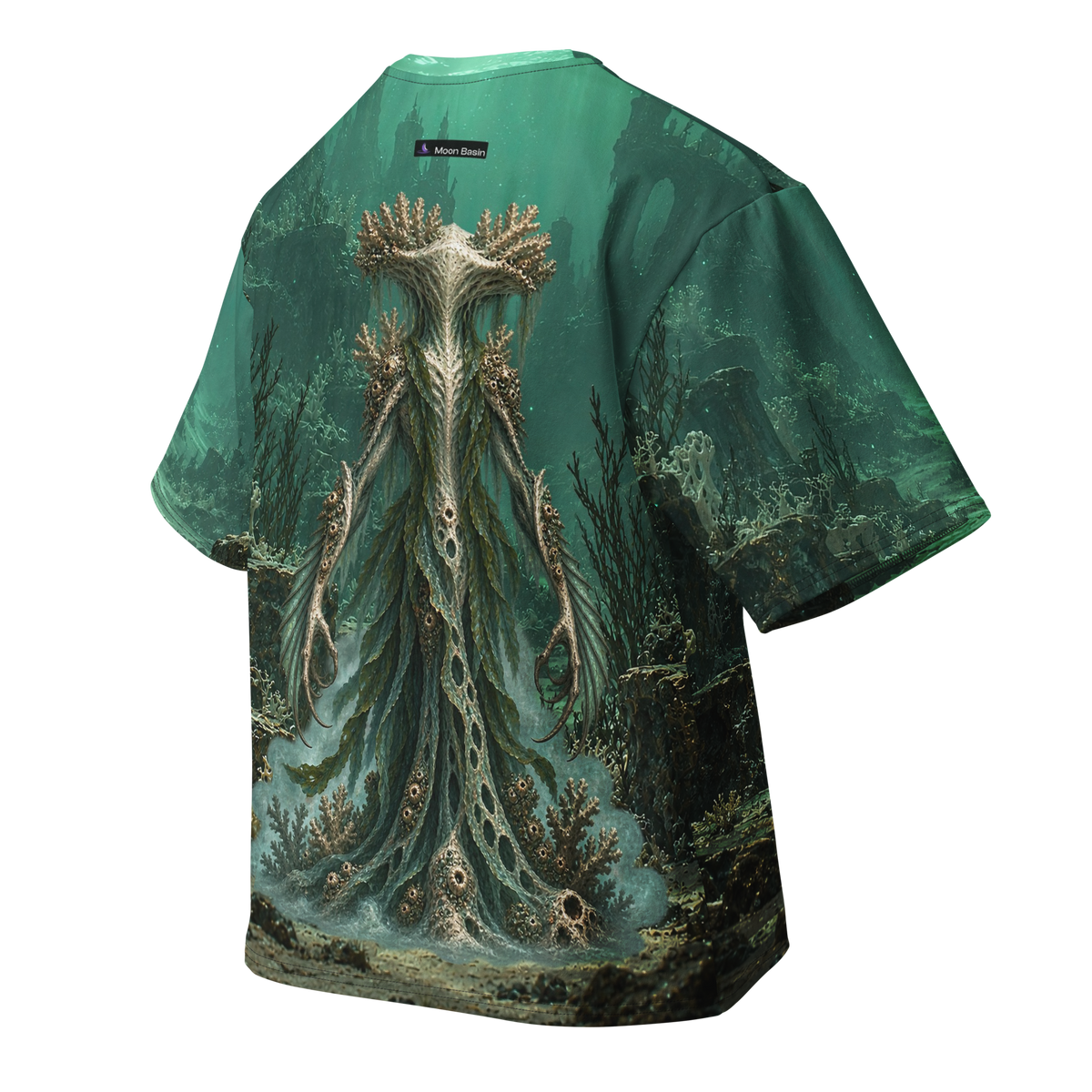 Drowned Oracle all-over print oversized tee, back with Moon Basin nape mark