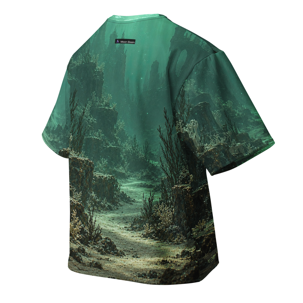 Drowned Oracle Terrain all-over print oversized tee, back with Moon Basin nape mark