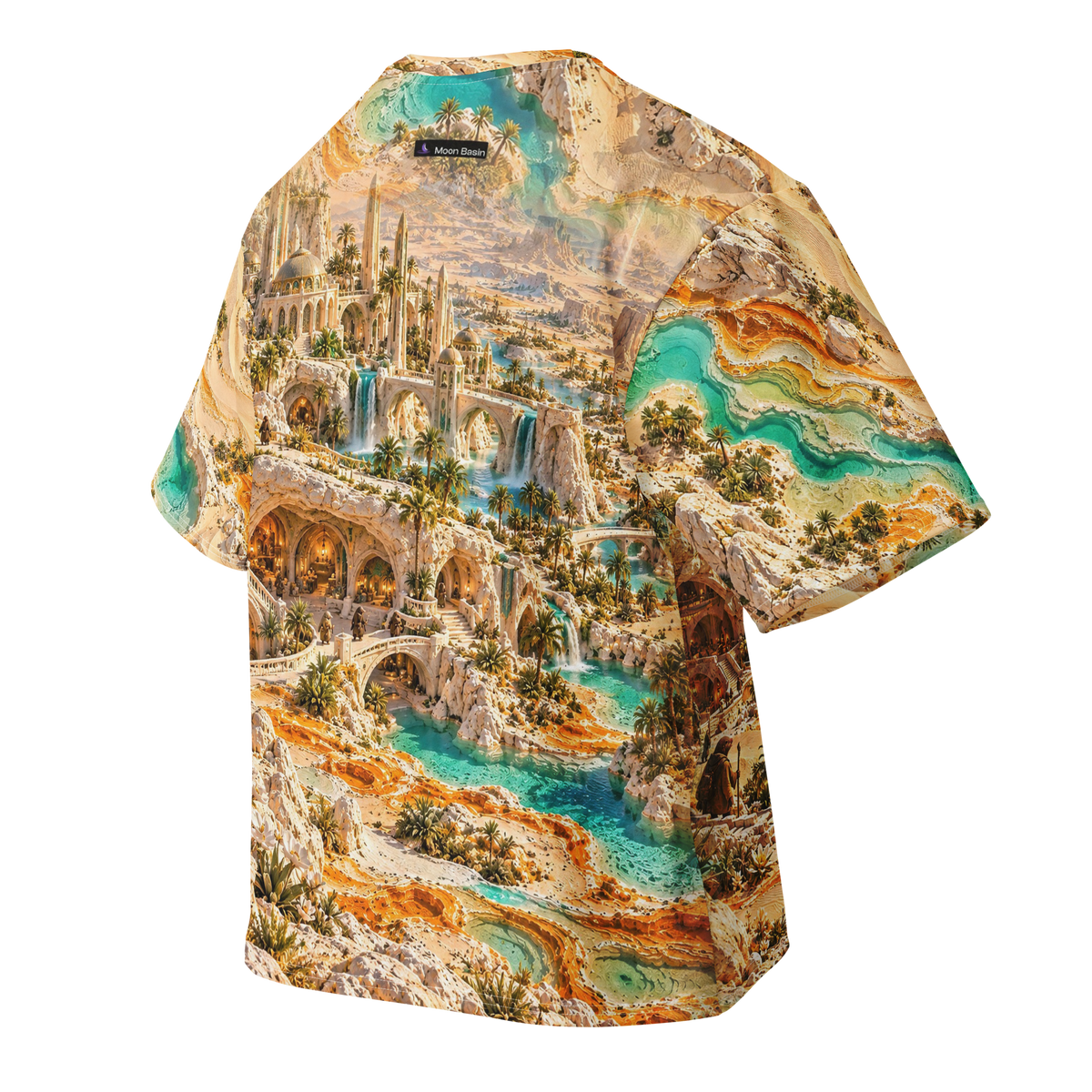 Dune Burrow Dominion all-over print oversized tee, back with Moon Basin nape mark