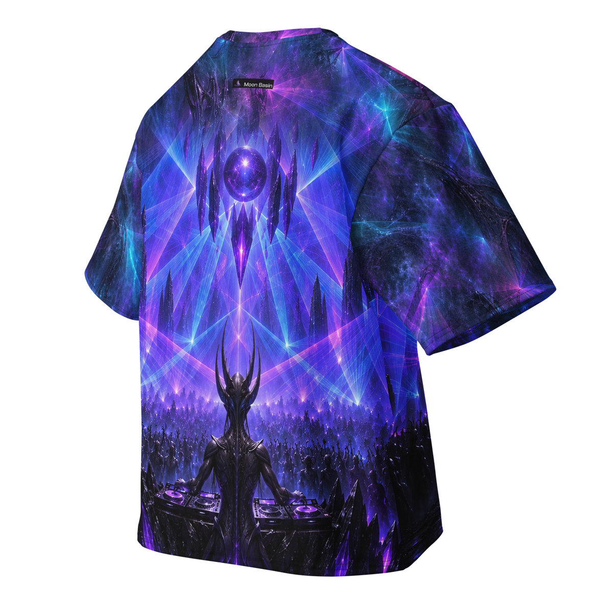 Eclipse Cathedral all-over print oversized tee, back with Moon Basin nape mark