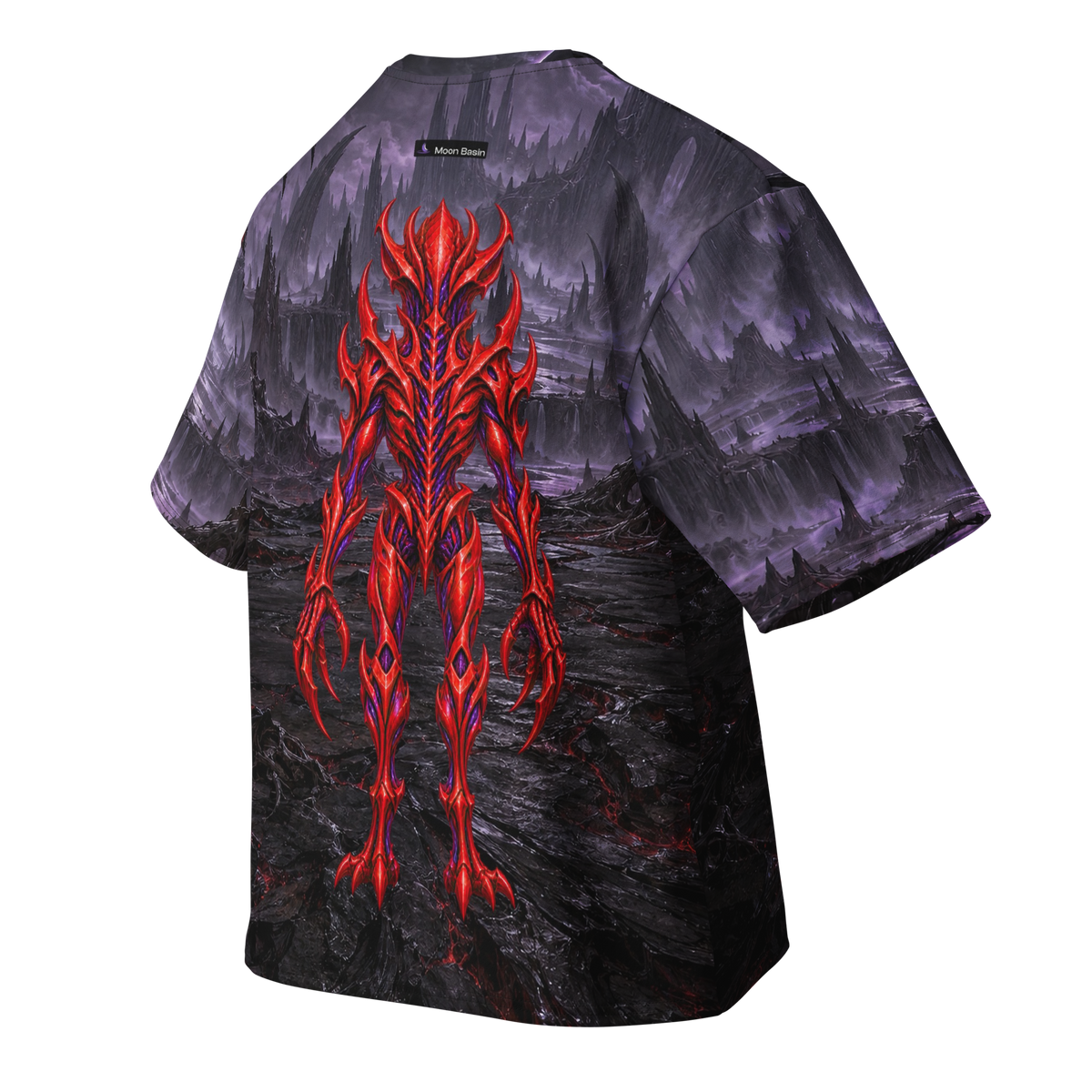 Ember Marrow Tyrant all-over print oversized tee, back with Moon Basin nape mark