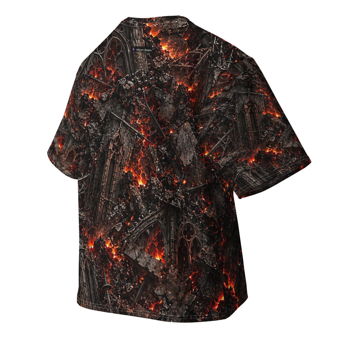 Fire and Ruin Terrain all-over print oversized tee, back with Moon Basin nape mark