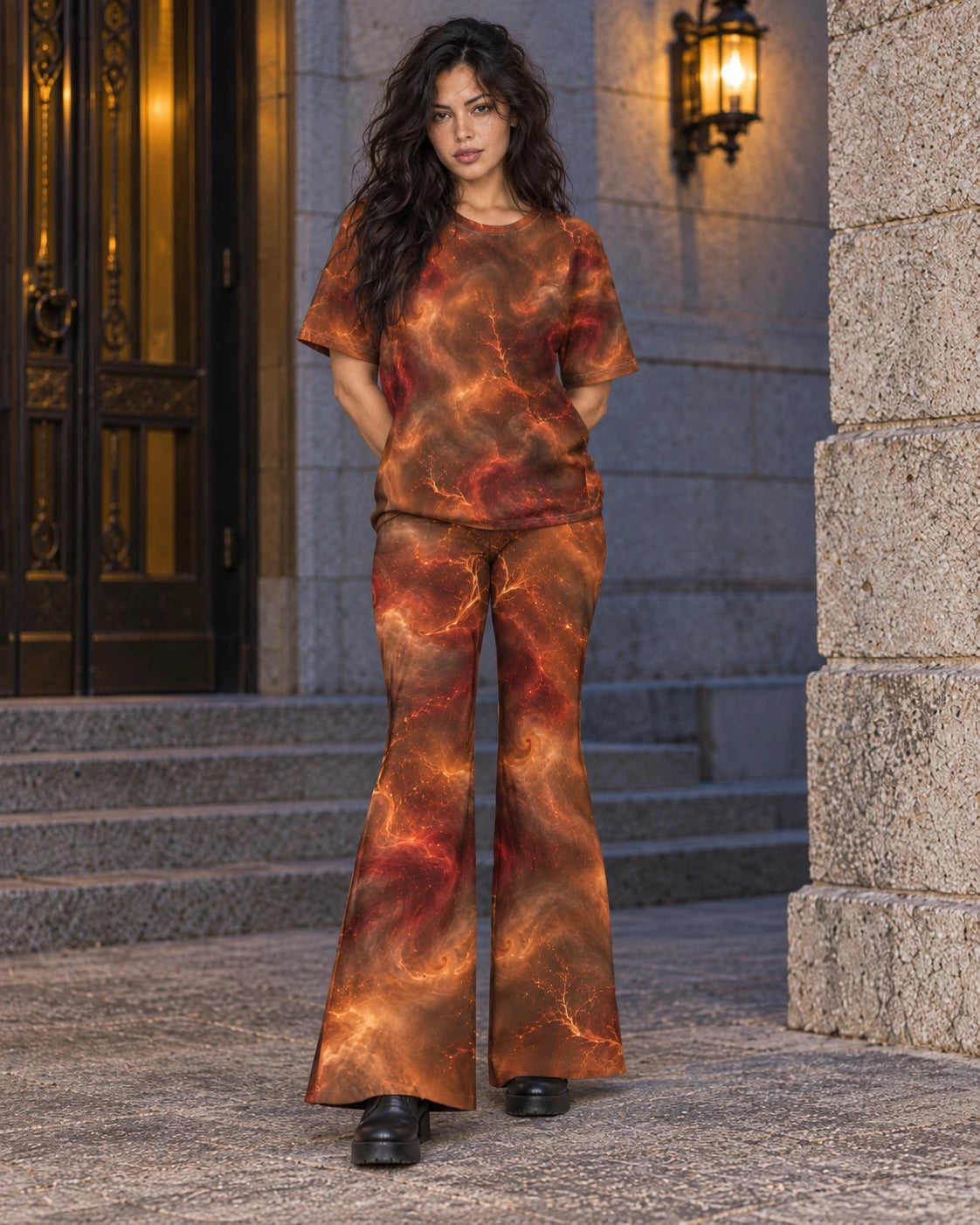 Matching outfit: Full-length model wearing Fire Witch flare leggings styled with Fire Witch Terrain.