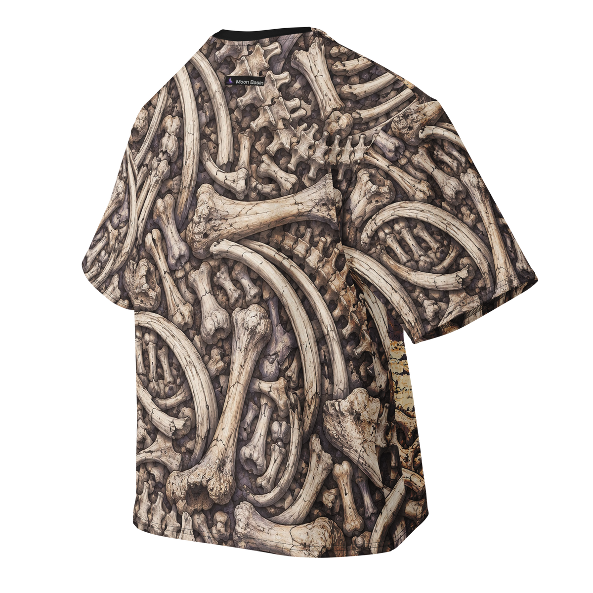 Fossil Signal all-over print oversized tee, back with Moon Basin nape mark
