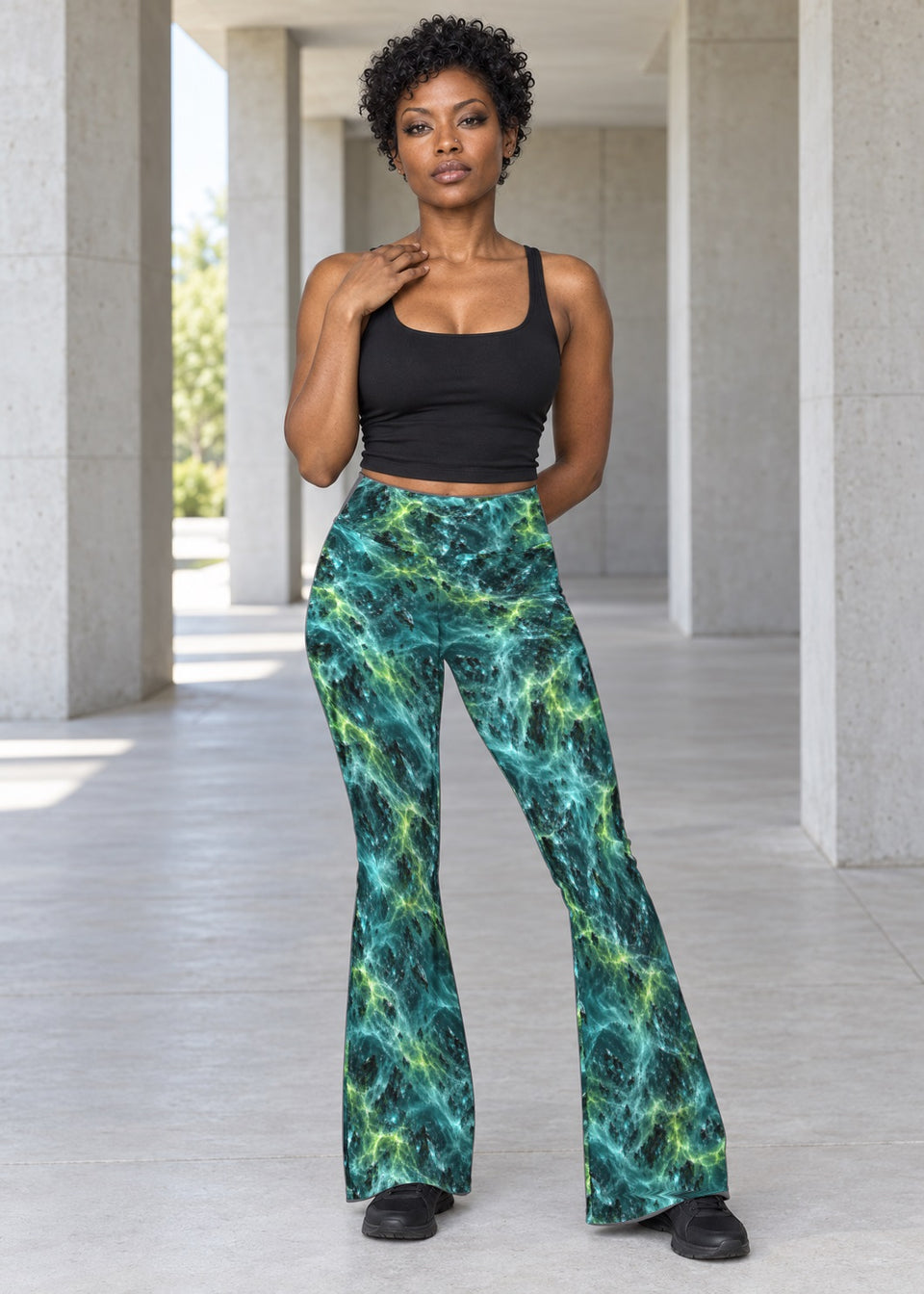 Glassmaw Terrain Flare Leggings, worn on model, front