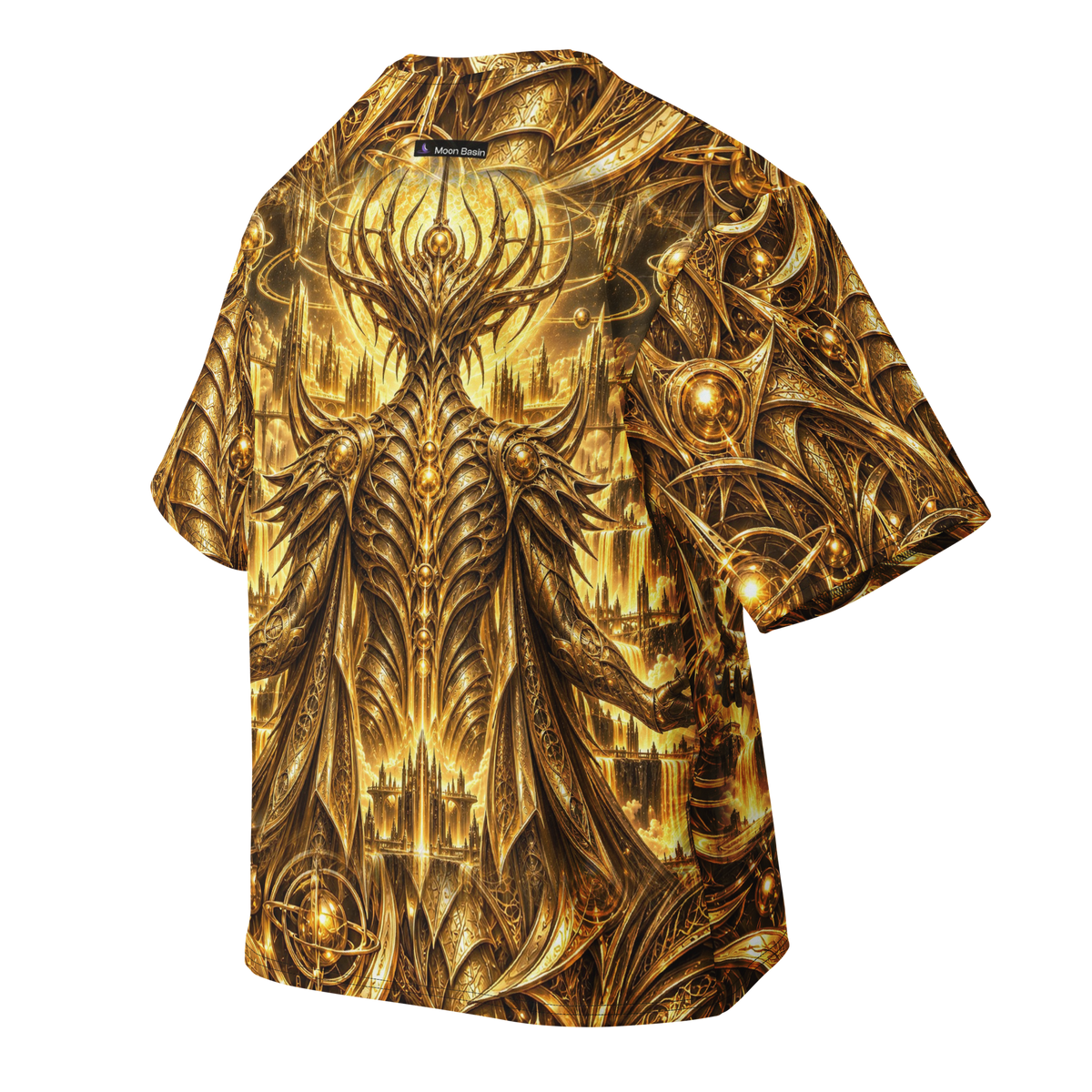 Gold all-over print oversized tee, back with Moon Basin nape mark