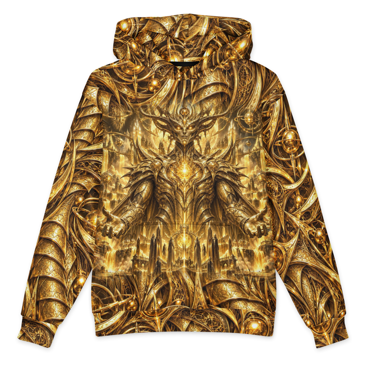Gold all-over print oversized hoodie, front