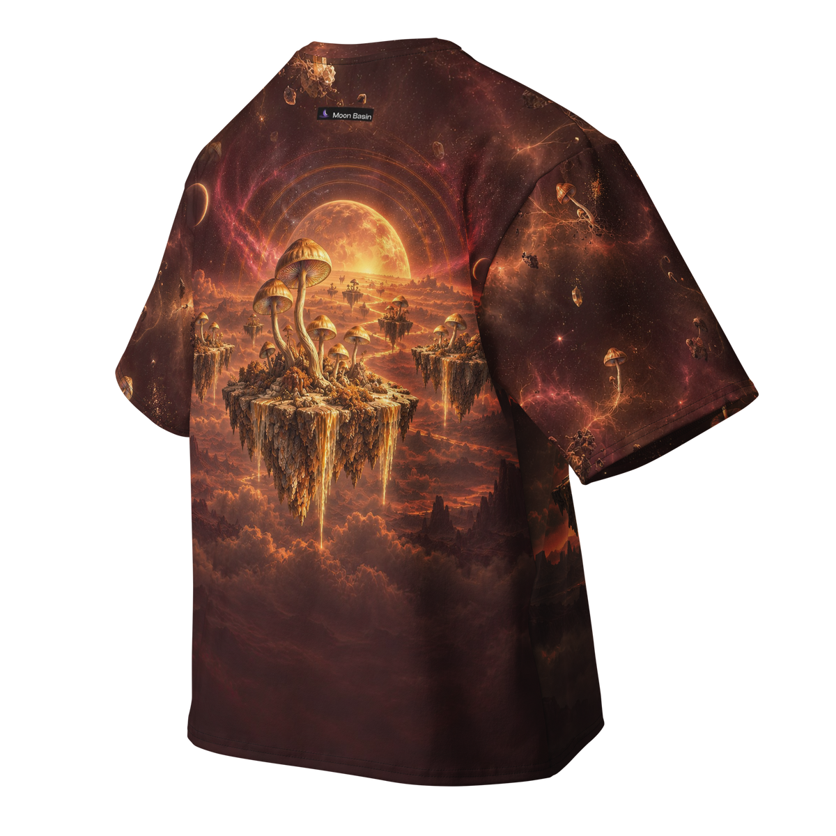 Golden Cap Mirage all-over print oversized tee, back with Moon Basin nape mark