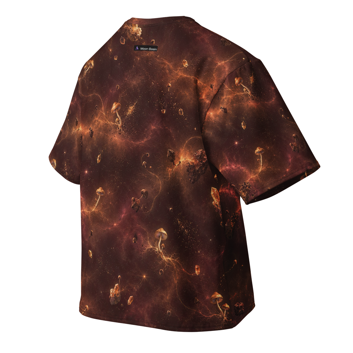 Golden Cap Mirage Terrain all-over print oversized tee, back with Moon Basin nape mark