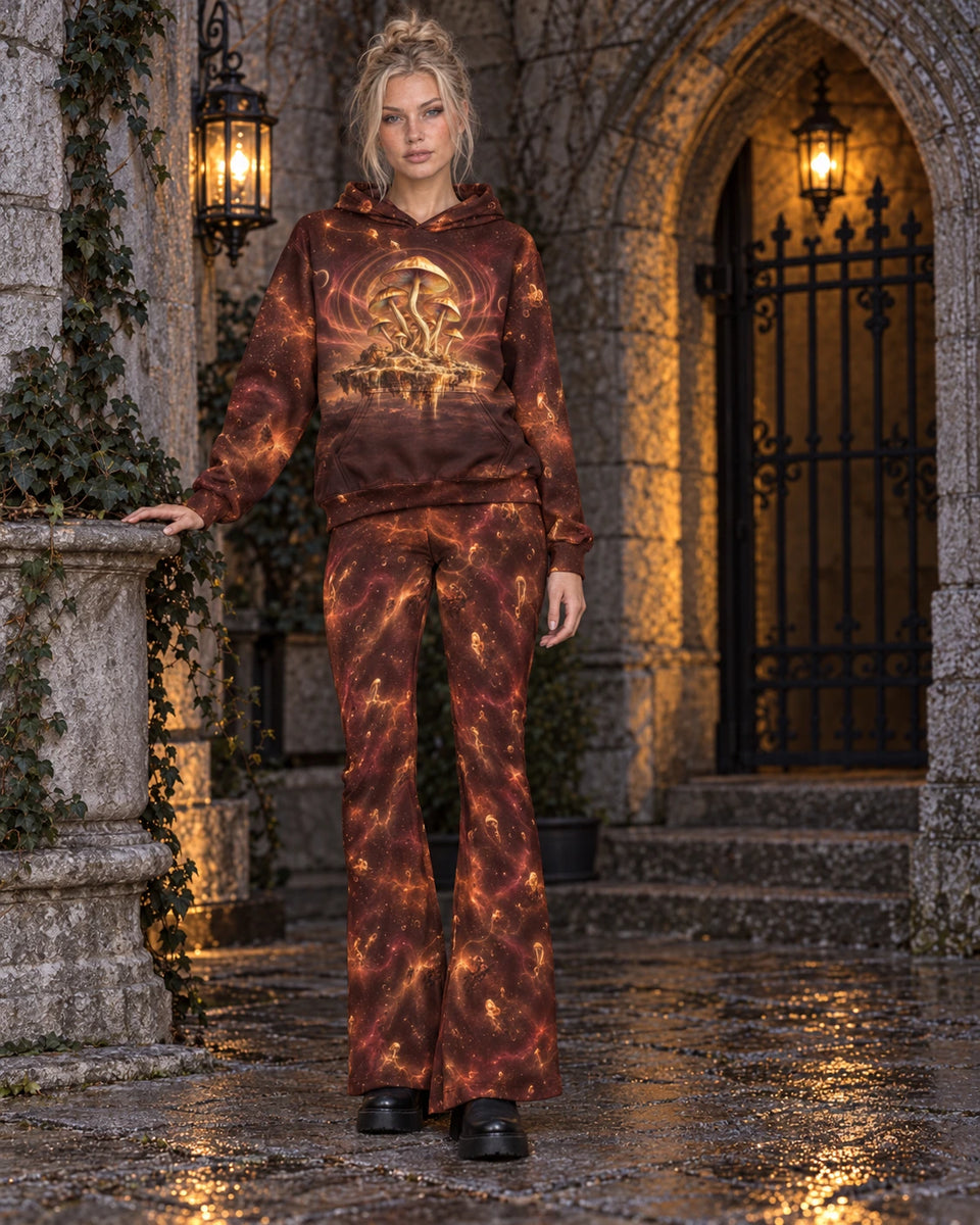 Matching outfit: Full-length model wearing Golden Cap Mirage flare leggings styled with Golden Cap Mirage Hoodie.