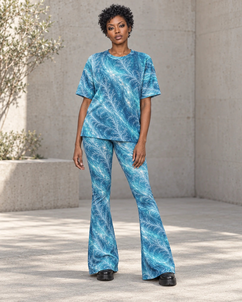 Matching outfit: Full-length model wearing Ice Witch flare leggings styled with Ice Witch Terrain.