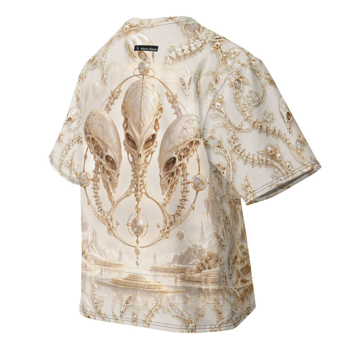 Ivory Alien Skulls all-over print oversized tee, back with Moon Basin nape mark