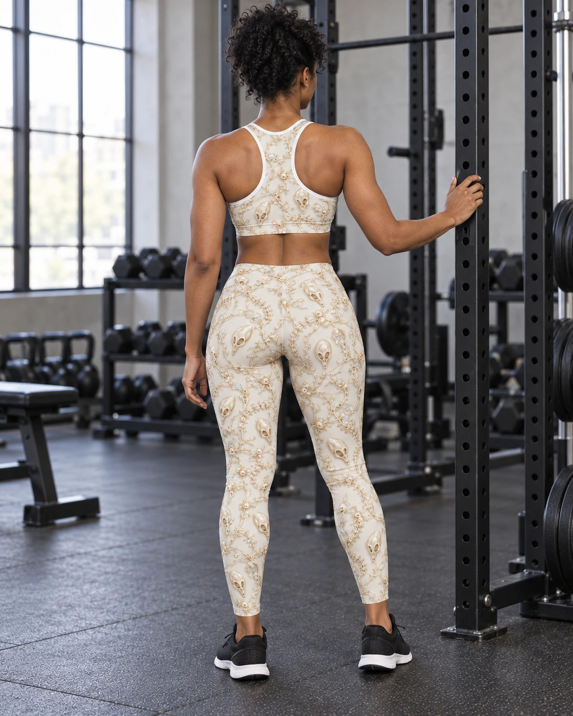 Ivory Alien Skulls Terrain Leggings, worn on model, back, matching outfit with Ivory Alien Skulls Terrain Sports Bra