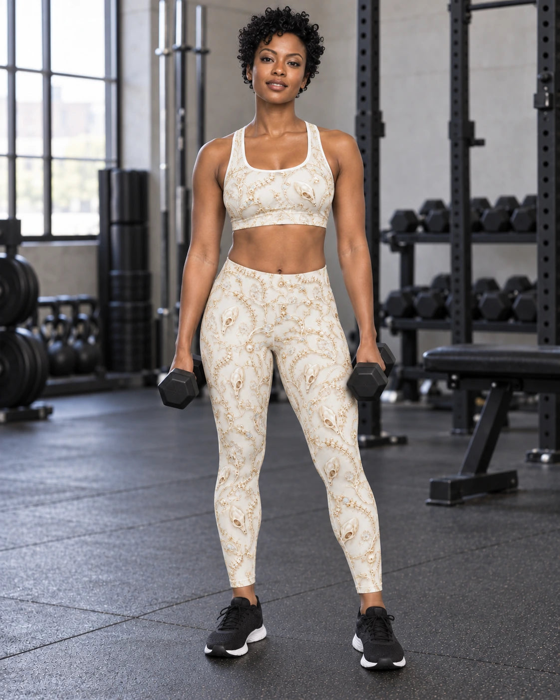 Ivory Alien Skulls Terrain Leggings, worn on model, front, matching outfit with Ivory Alien Skulls Terrain Sports Bra