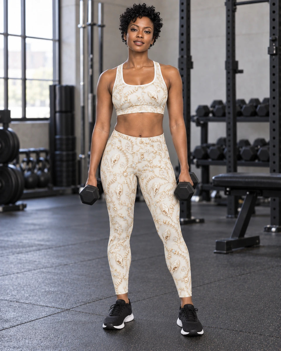 Ivory Alien Skulls Terrain Leggings, worn on model, front, matching outfit with Ivory Alien Skulls Terrain Sports Bra