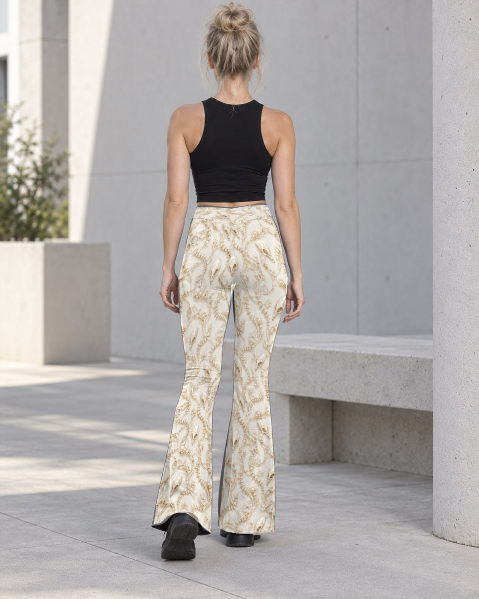 Ivory Alien Skulls Terrain Flare Leggings, worn on model, back