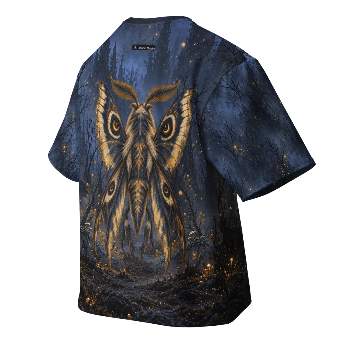 Lantern Moth all-over print oversized tee, back with Moon Basin nape mark