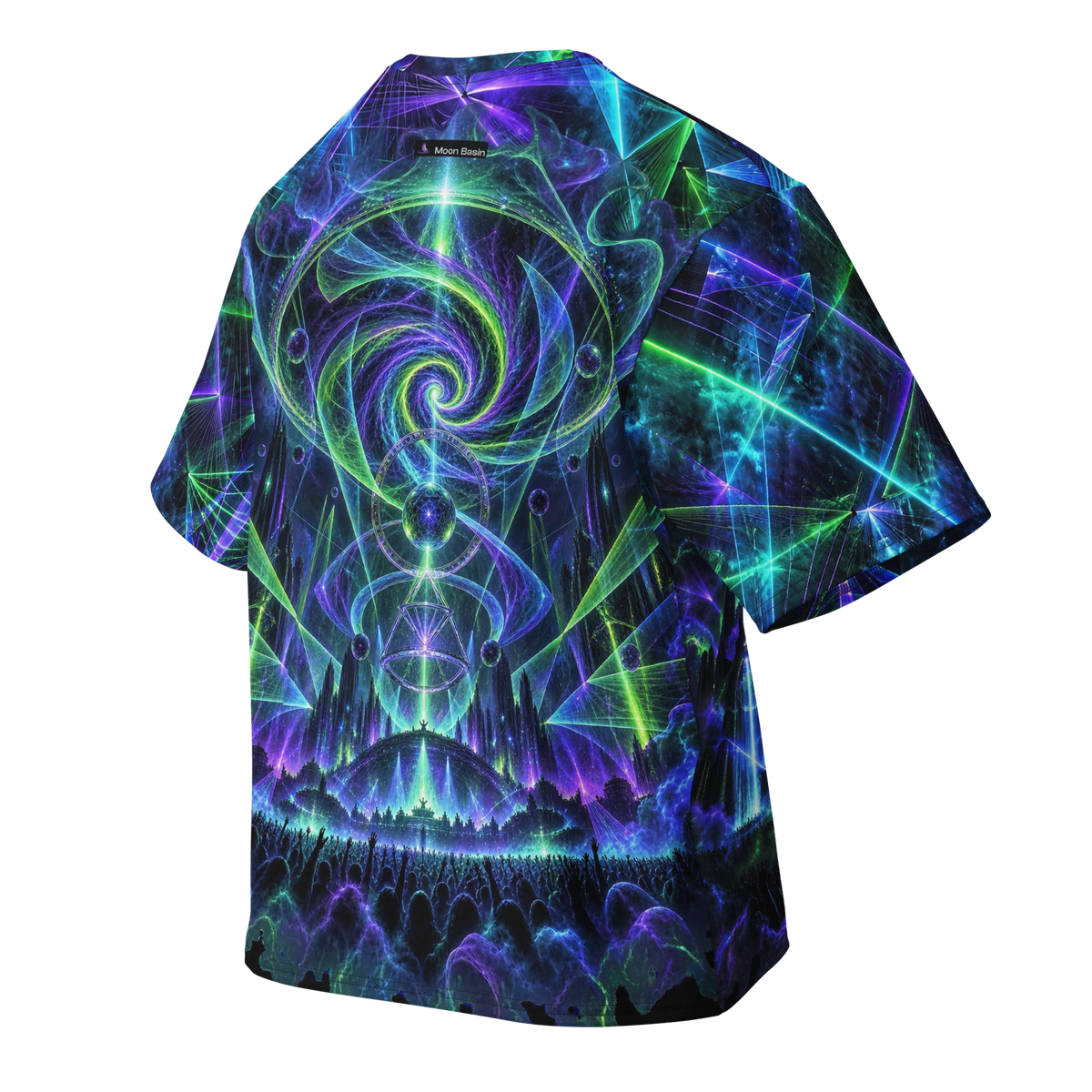 Laser Rift all-over print oversized tee, back with Moon Basin nape mark