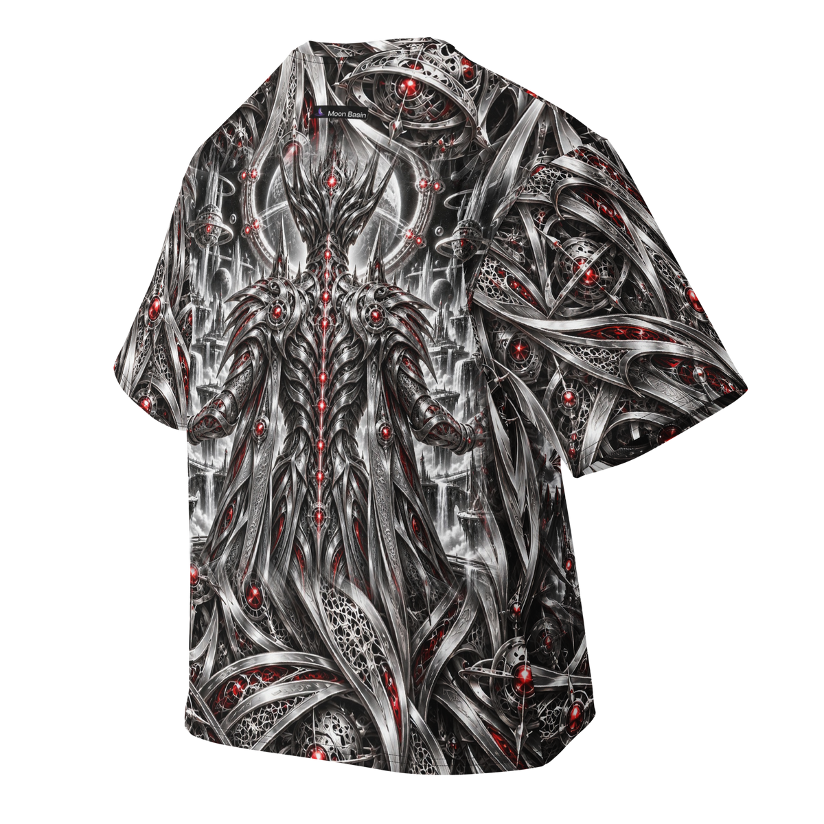 Maximus Alien Testosterone all-over print oversized tee, back with Moon Basin nape mark