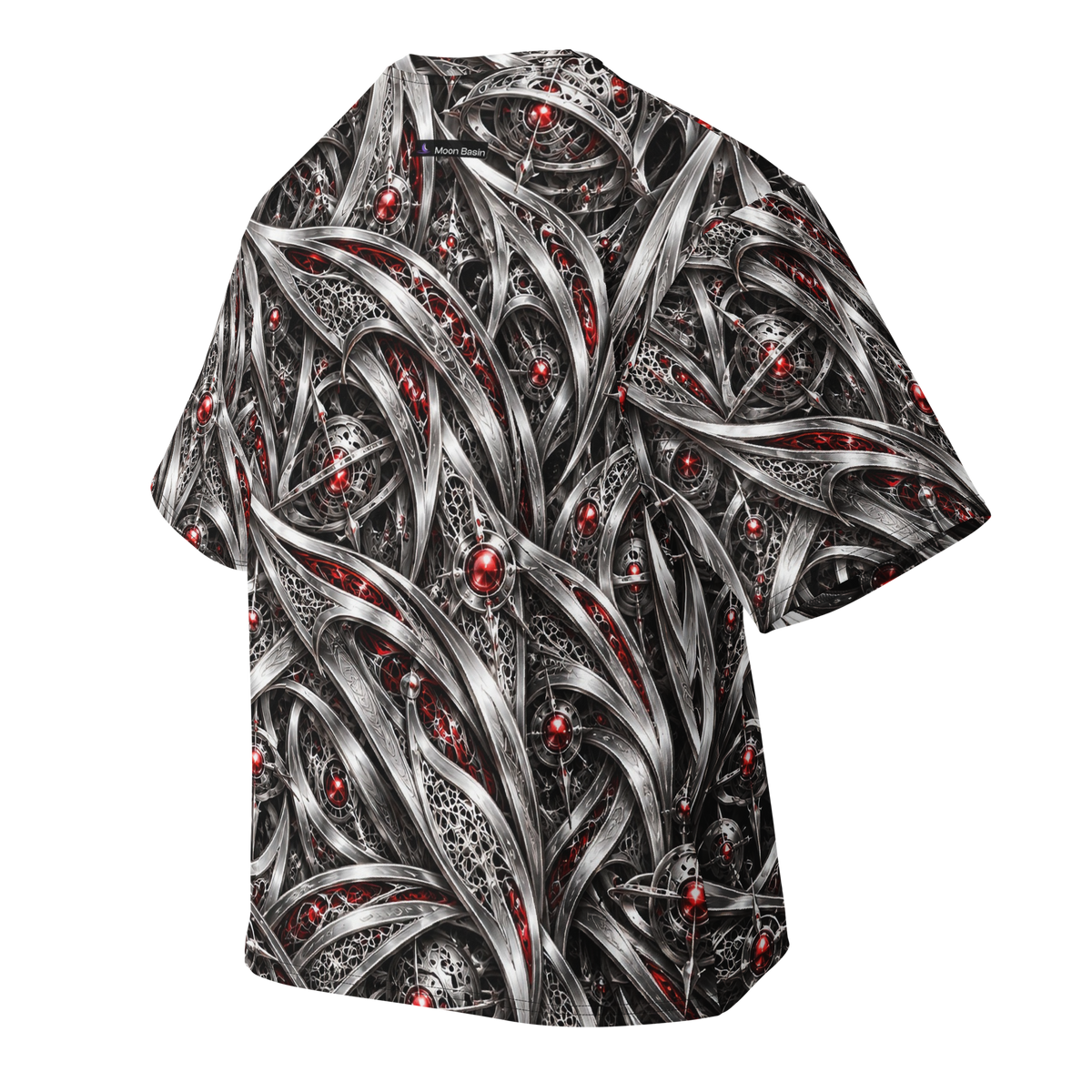 Maximus Alien Testosterone Terrain all-over print oversized tee, back with Moon Basin nape mark