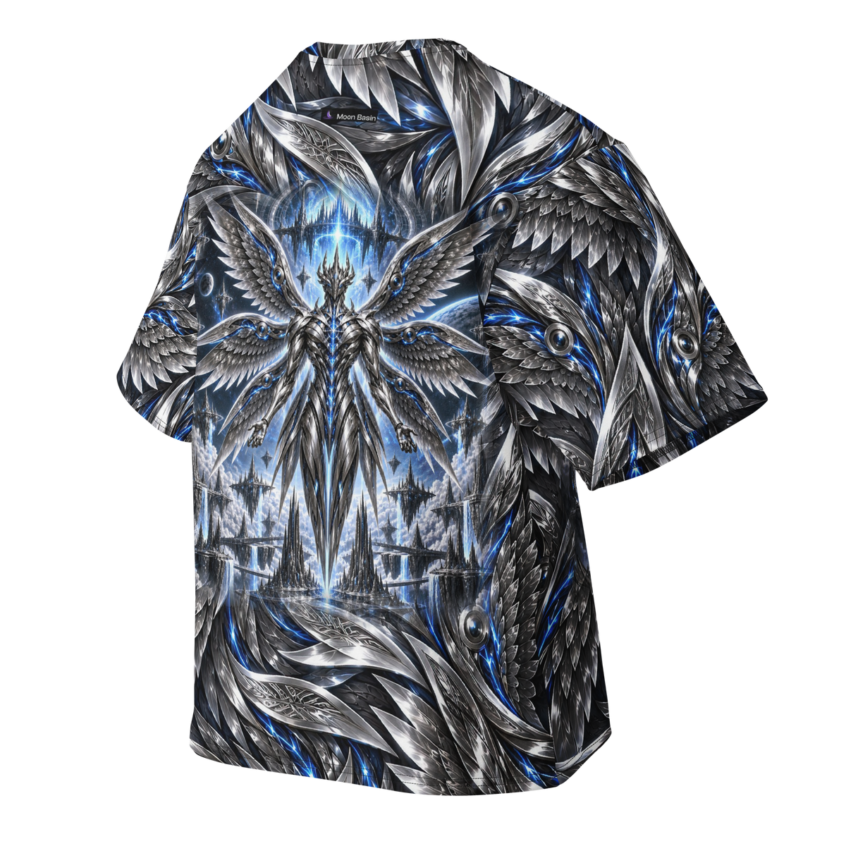 Mercury Seraph all-over print oversized tee, back with Moon Basin nape mark