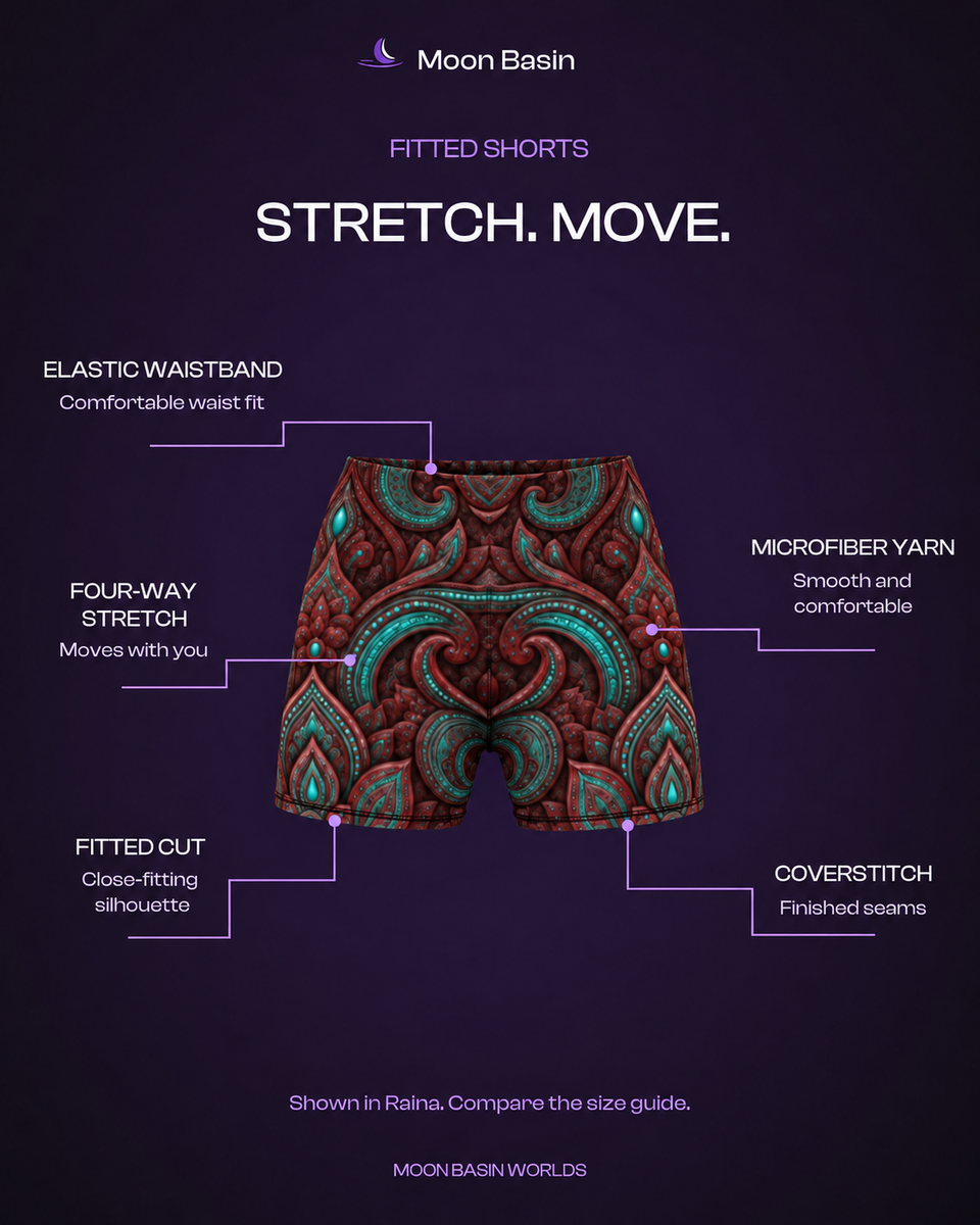 Moon Basin Worlds fitted shorts feature card: elastic waistband, four-way stretch, microfiber yarn, fitted cut, coverstitch