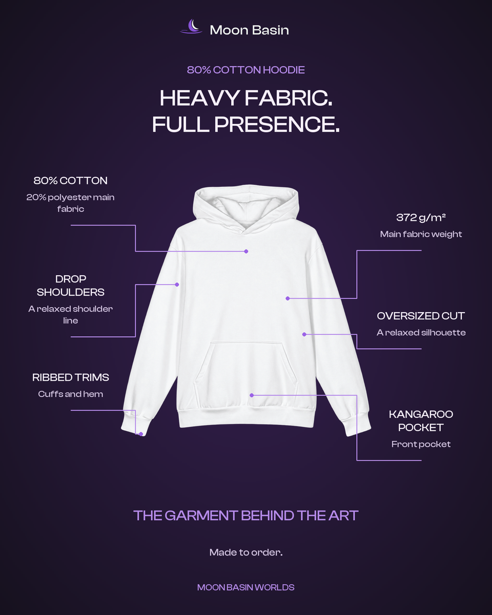 Moon Basin Worlds oversized hoodie feature card: 80% cotton, 20% polyester main fabric, 372 g/m2, drop shoulders, oversized cut, ribbed trims, kangaroo pocket