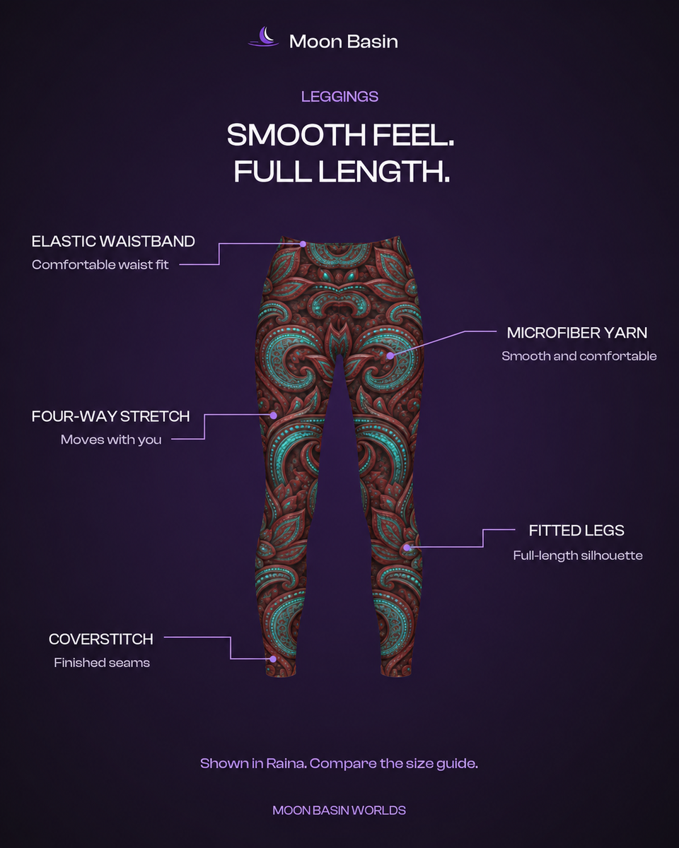 Moon Basin Worlds leggings feature card: elastic waistband, microfiber yarn, four-way stretch, fitted legs, coverstitch
