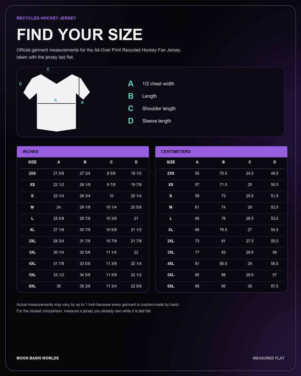 Moon Basin Worlds size guide, recycled hockey jersey, measurements 2XS to 6XL in inches and centimetres, measured flat